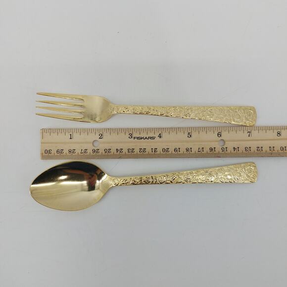 Spoon and Fork Set Gold Tone Flatware Rose Floral Pattern - Picture 5 of 6